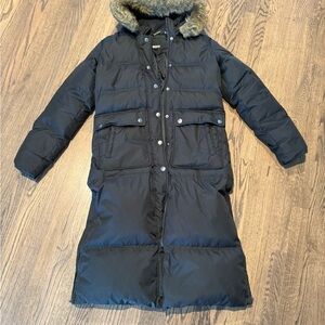 DKNY Black Down Puffer Coat with Faux Fur framed Hood